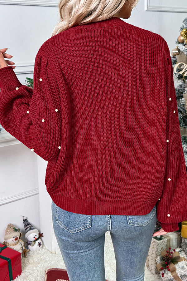 Christmas Pearl Embellished Casual V-Neck Knitted Cardigan