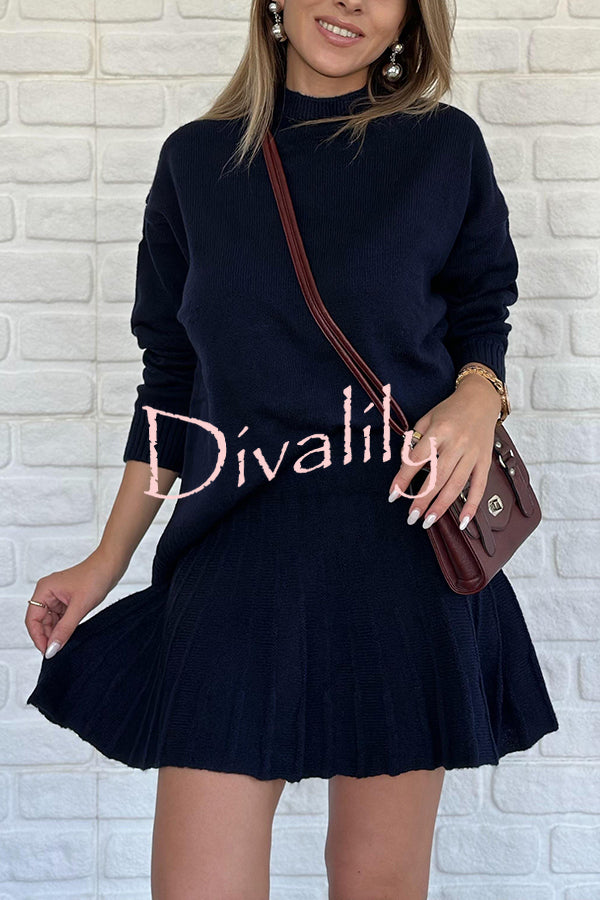 Solid Color Casual Preppy Knit Top and Knit Stretch Pleated Mini Skirt Set