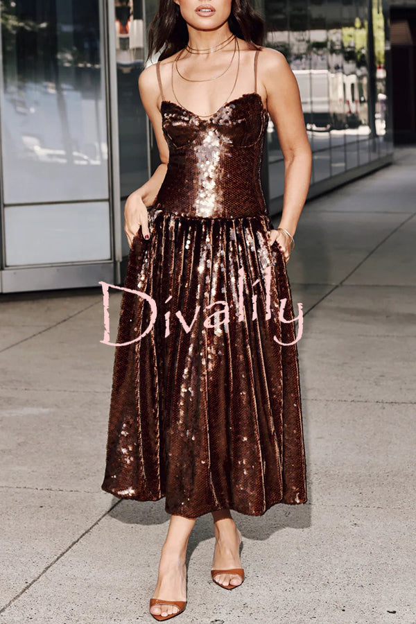 Enchanted Night Sequin Low-cut Corset Balloon Hem Slip Midi Dress