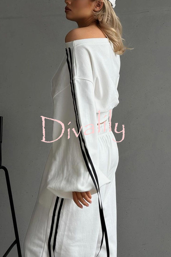 Contrast Color Webbing Casual Sweatshirt and Elastic Waist Tie Loose Pants Set