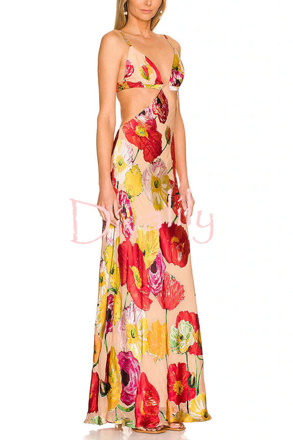 Hawaiian Dreams Satin Floral Print Cutout Backless Maxi Dress