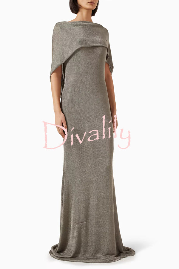 Fit and Elegance Fine Shimmering Fabric Open Cowl Back Draped Neckline Maxi Dress