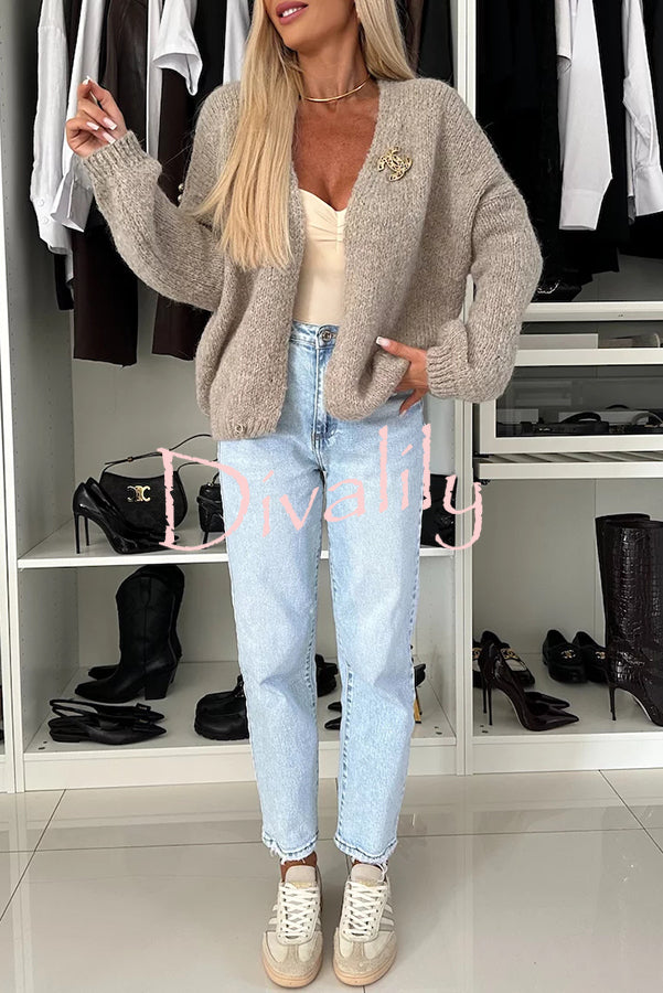 Explore Autumn Knit Open Front Long Balloon Sleeve Loose Cardigan