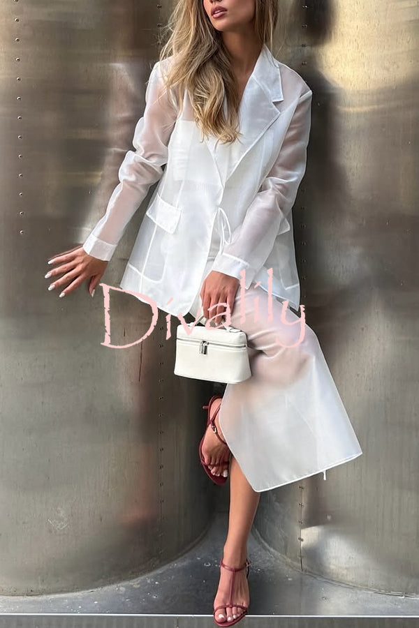 Simple and Light See-through Fabric Tie-up Long Sleeve Pocket Lapel Blazer