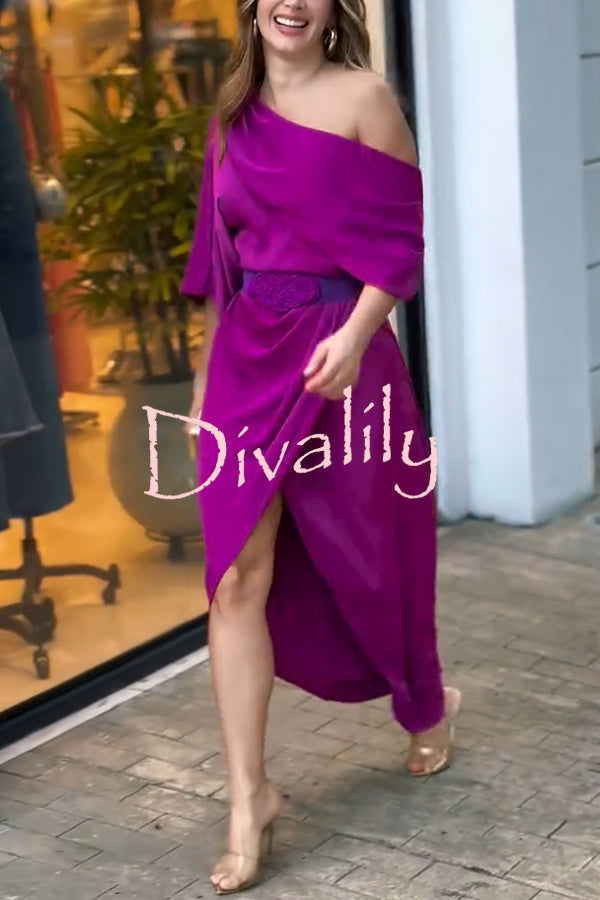 Whispered Yes Satin Irregular Lapel Neckline Design Ruched Maxi Dress