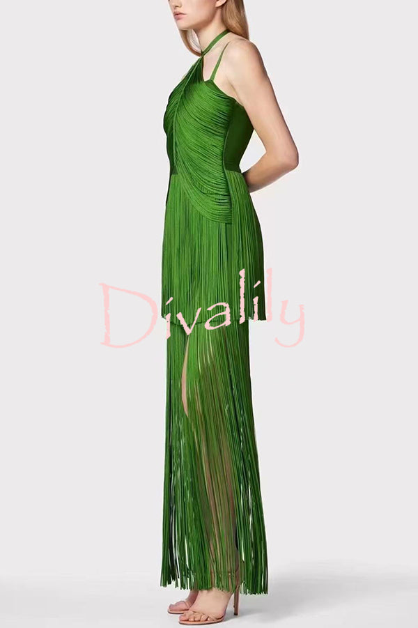 Sexy Halterneck Open Back Elegant Tassel Slim Maxi Dress