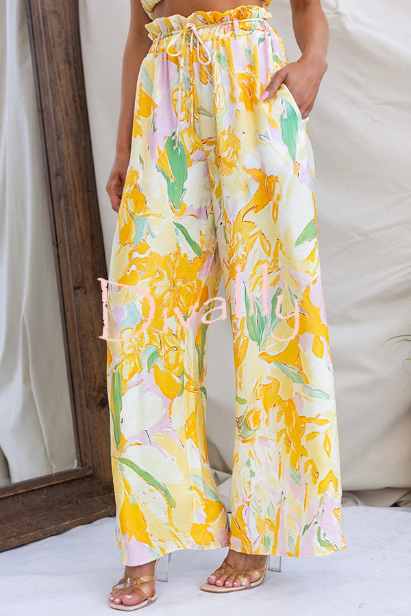 Soleila Floral Print One Shoulder Tie-up Crop Top and Elastic Waist Pocket Loose Pants Set