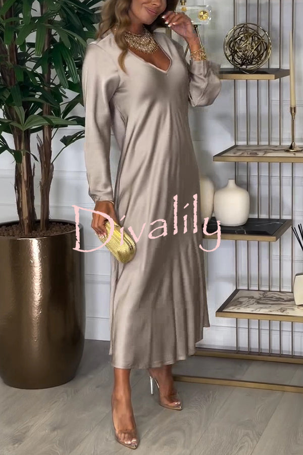 Solid Color V-neck Long-sleeved Loose Draped Maxi Dress