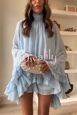 Solid Color Chiffon Trumpet Sleeve Loose Mini Dress