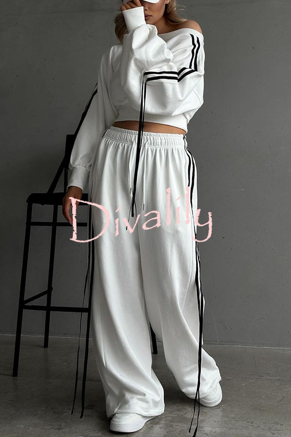 Contrast Color Webbing Casual Sweatshirt and Elastic Waist Tie Loose Pants Set