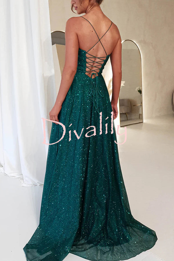 Cinderella Glitter Tulle Fabric Cowl Neck Back Lace-up Pocketed Slit Maxi Dress