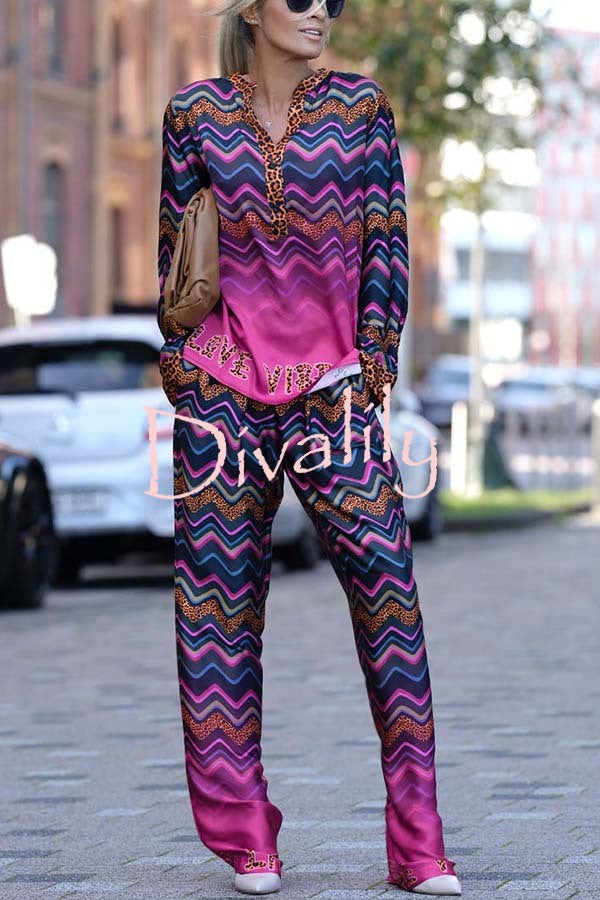 Coreen Leopard Colorful Wave Print Long Sleeve Shirt and Elastic Waist Pocket Pants Set