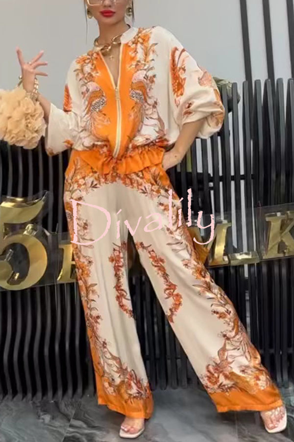 Unique Printed Casual Long-sleeved Loose Top and Elastic Waist Pocket Wide-leg Pants Set