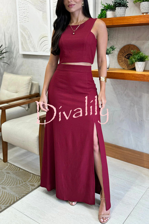 Solid Color Slim Fit Round Neck Sleeveless Top and High Waist Slit Maxi Skirt Set