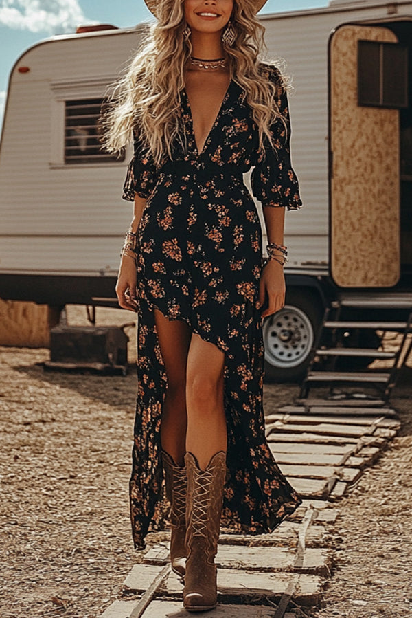 Floral Print V-Neck Waist Irregular Midi Dress