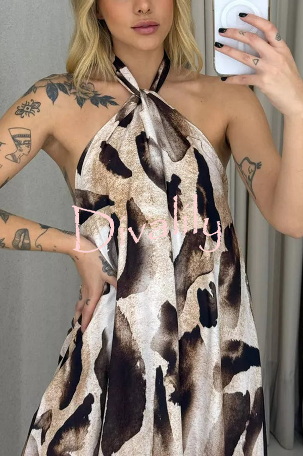 Leopard Print Sexy Halter Neck Backless Loose Maxi Dress