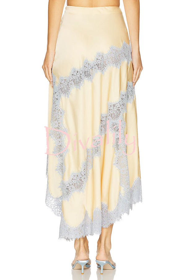 Wine Tasting Contrast Color Satin Lace Trim Irregular Hem Drape Midi Skirt