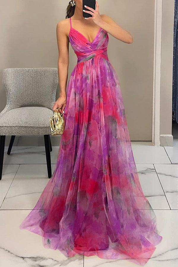 Giselle Tulle Render Floral Print Cutout Waist Back Lace-up Maxi Dress