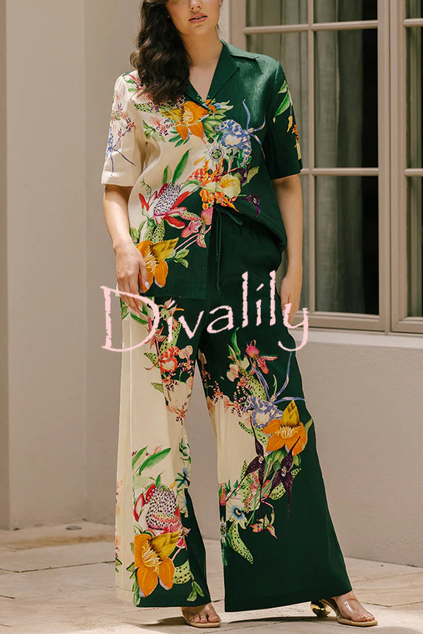 Island Linen Blend Unique Print Short Sleeve Loose Shirt and Elastic Waist Pocket Pants Set