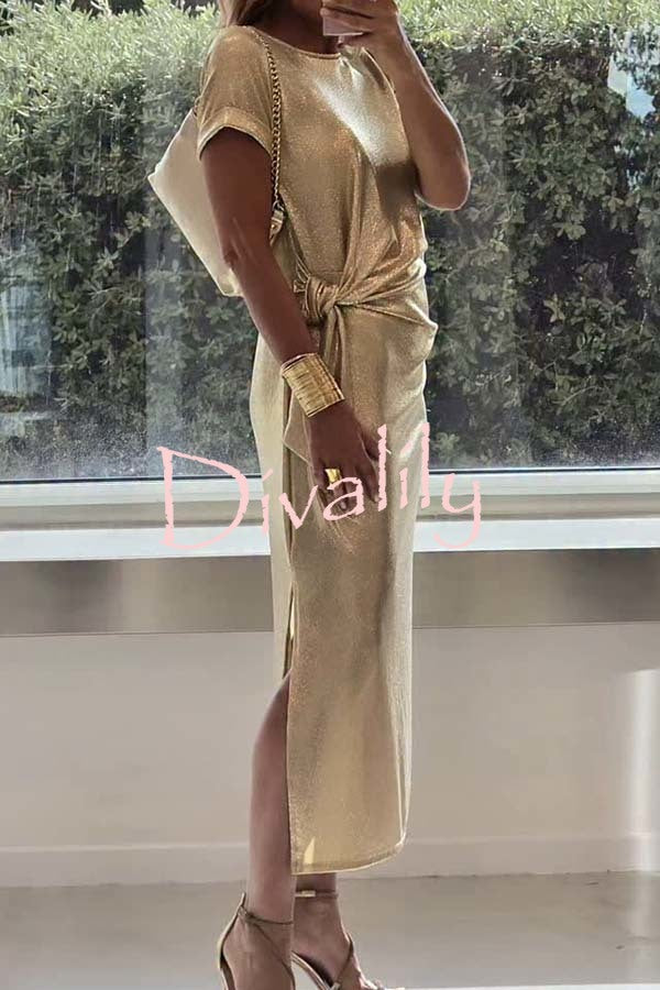 Full of Charming Glitter Fabric Short Sleeve Tie-up Waist Slit Midi Dress