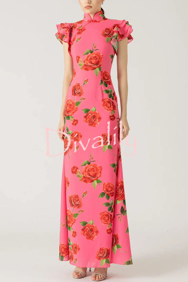 Cheongsam Style Rose Floral Print Tiered Flare Sleeve Stretch Maxi Dress