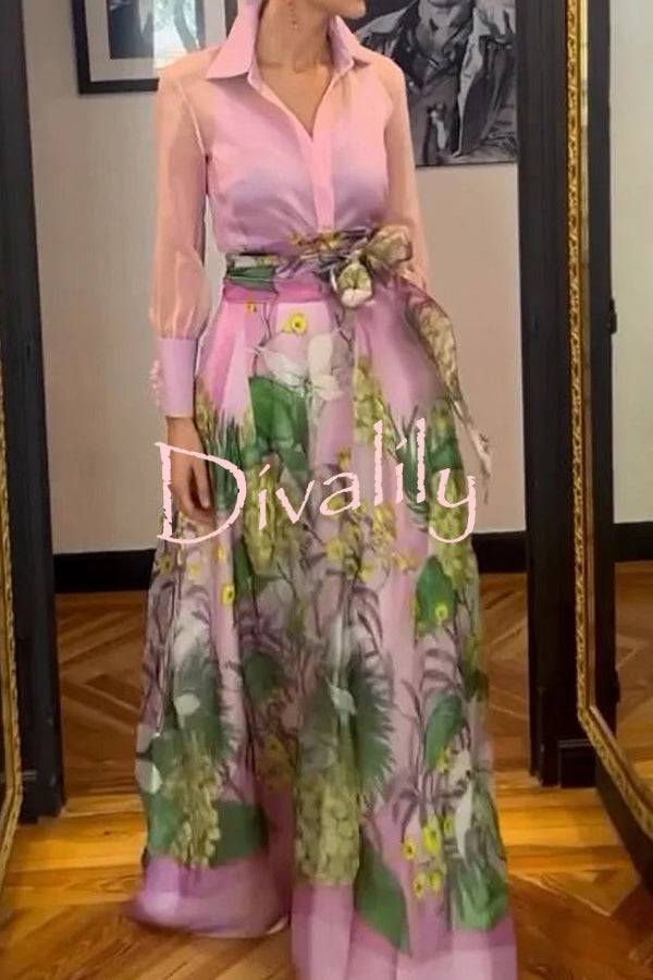 Seeds of Happiness Tulle Floral Print Elastic Waist Belt Pocketed Maxi Skirt