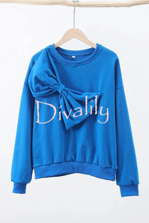 Solid Color Round Neck Long Sleeve Bow Loose Sweatshirts