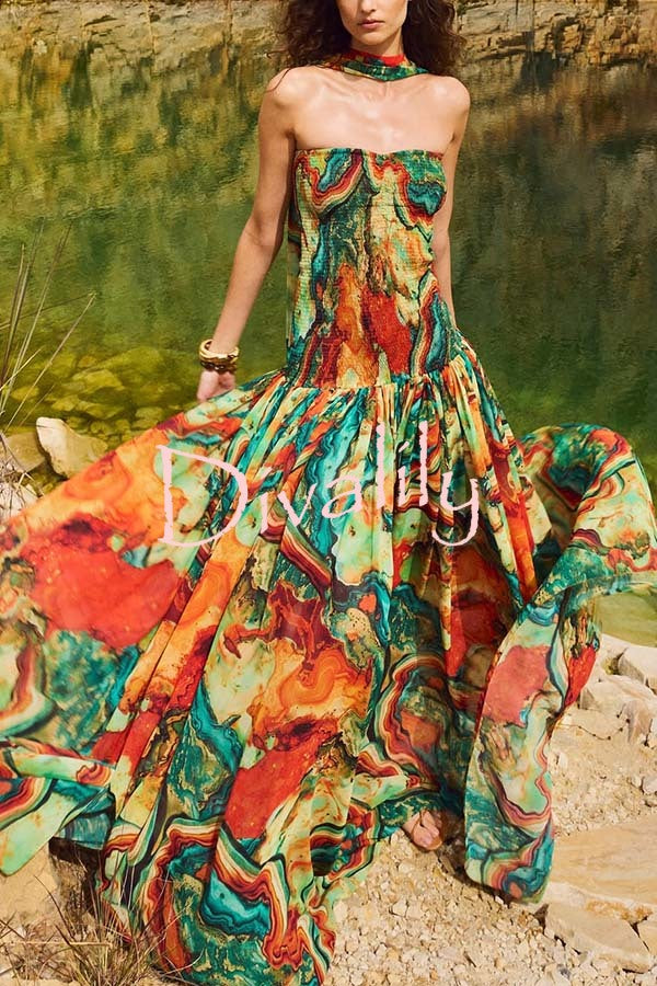 Vacay Vibes Colorful Lava Print Off Shoulder Smocked Scarf Maxi Dress