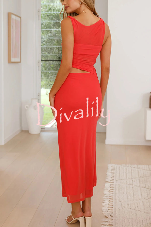 Solid Color Mesh Splicing Waist-baring Slim Maxi Dress