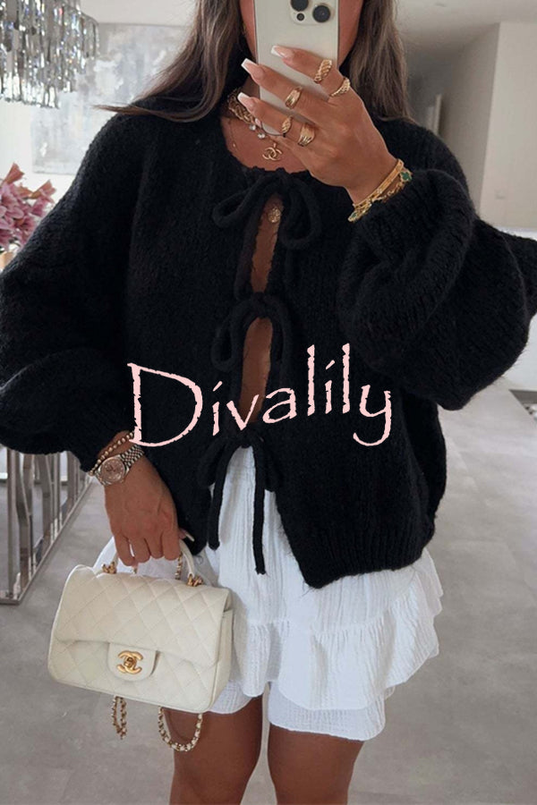 Solid Color Long-sleeved V-neck Lace-up Loose Knitted Sweater