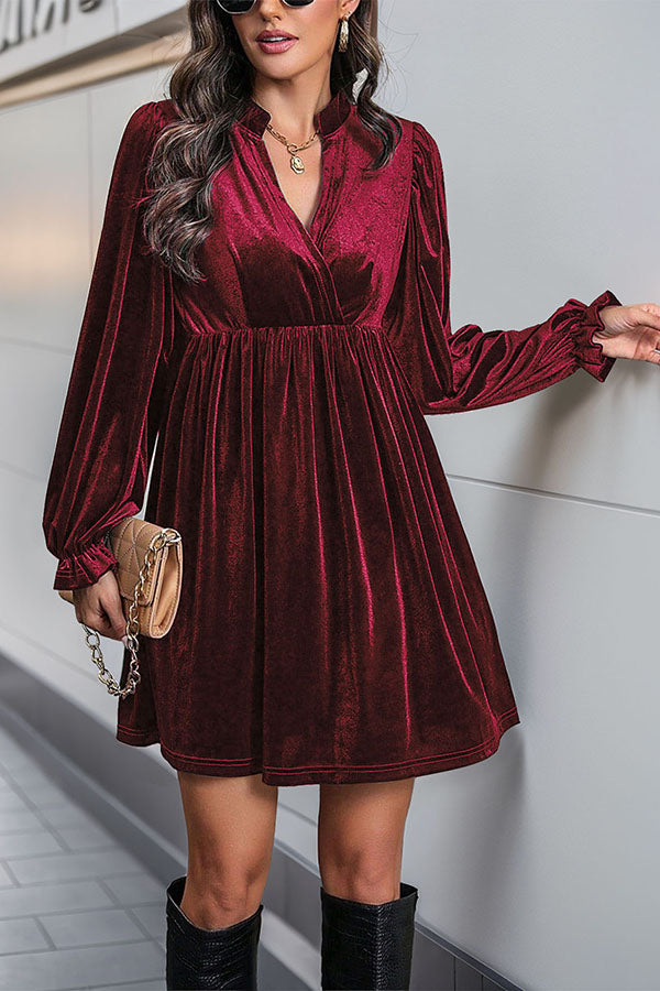 Solid Color Velvet V-Neck Long Sleeve Loose Mini Dress