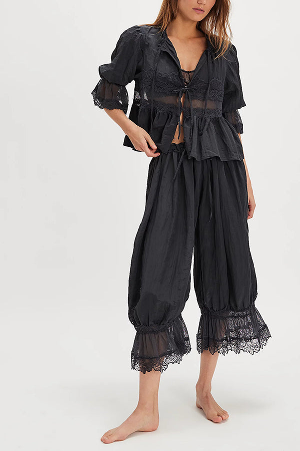 Pastoral Style Elastic Waist Lace Hem Bloomer Pants