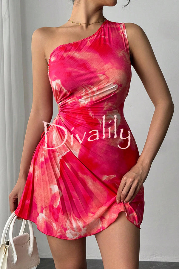 Fashion Tie-Dye One-Shoulder Hollow Pleated Mini Dress
