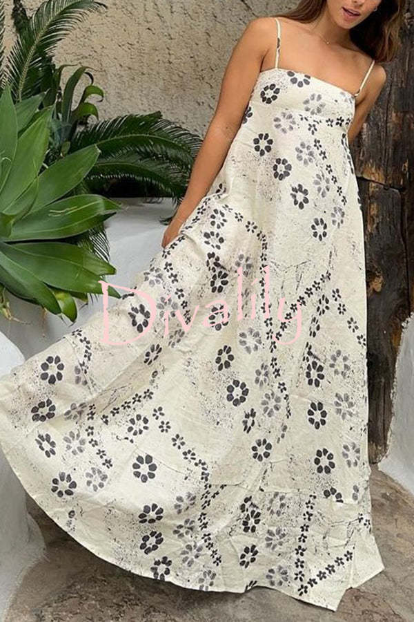 Linen Blend Floral Print Strappy Full-hem Backless Maxi Dress