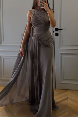 Solid Color Satin Sleeveless Waist Elegant Pleated Ribbon Maxi Dress