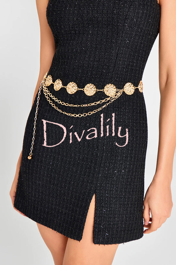 Timeless Exquisite Tweed Fabric Metal Coin Chain Detail Slip Mini Dress