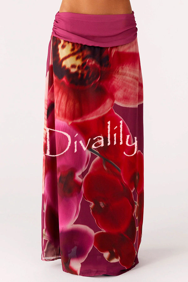 Sexy Deep V Backless Draped Camisole Top and Floral Print Chiffon Maxi Skirt Set