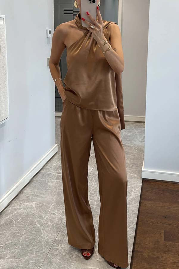 Kelson Satin Drape Neck One Shoulder Top and Elastic Waist Pocket Loose Pants Set