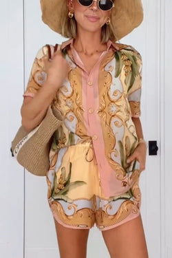 Royalty Unique Print Button Up Short Sleeve Shirt and Elastic Waist Pocketed Loose Shorts Set