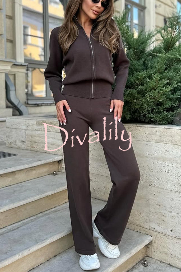 Cozycore Knit Zipper Long Sleeve Cardigan and Stretch Wide Leg Pants Set