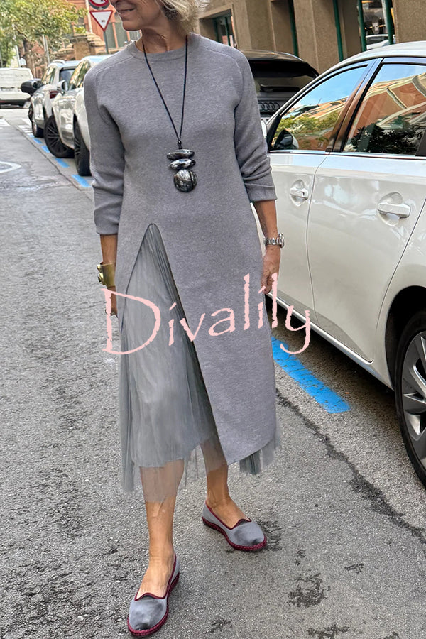 Jollie Knit Long Sleeve Front Slit Midi Sweater and Pleated Tulle Stretch Tank Midi Dress Two-piece Set