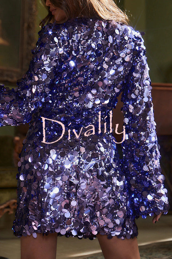 Fashionable and Dazzling Large Sequins Long Bell Sleeve H-line Mini Dress