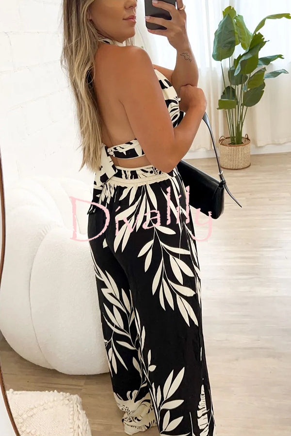Botanical Print Halterneck Crop Top and Casual High-waist Wide-leg Pants Set