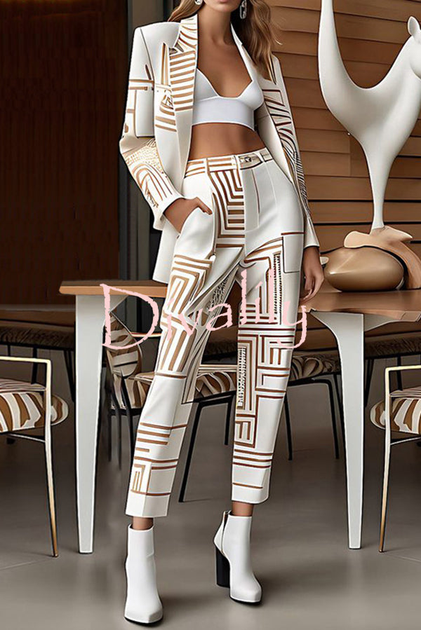 Unique Print Lapel Long-sleeved Suit Jacket and Loose Pocket Pants Set