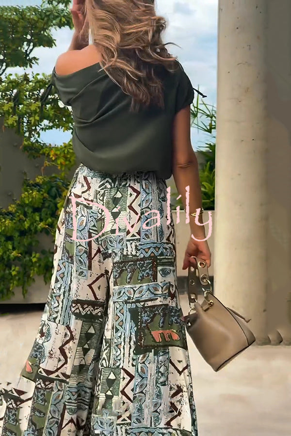 Terrace View Off Shoulder Tie Loose Top and Elastic Waist Unique Print Loose Pants Set