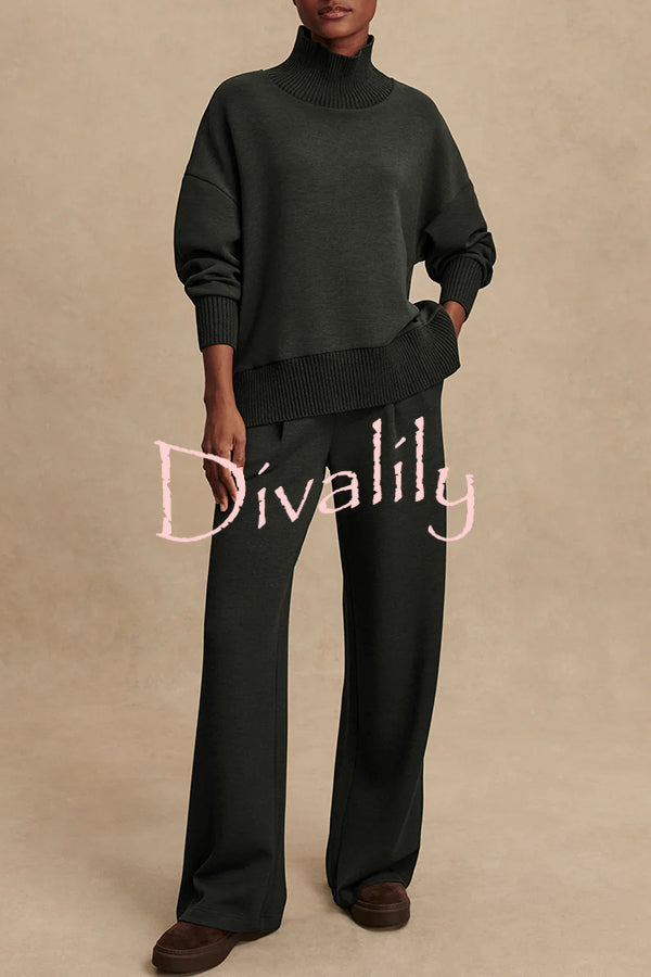 Barker High-Neck Long Sleeve Side Zipper Sweatshirt and Elastic Waist Pocketed Loose Pants Set