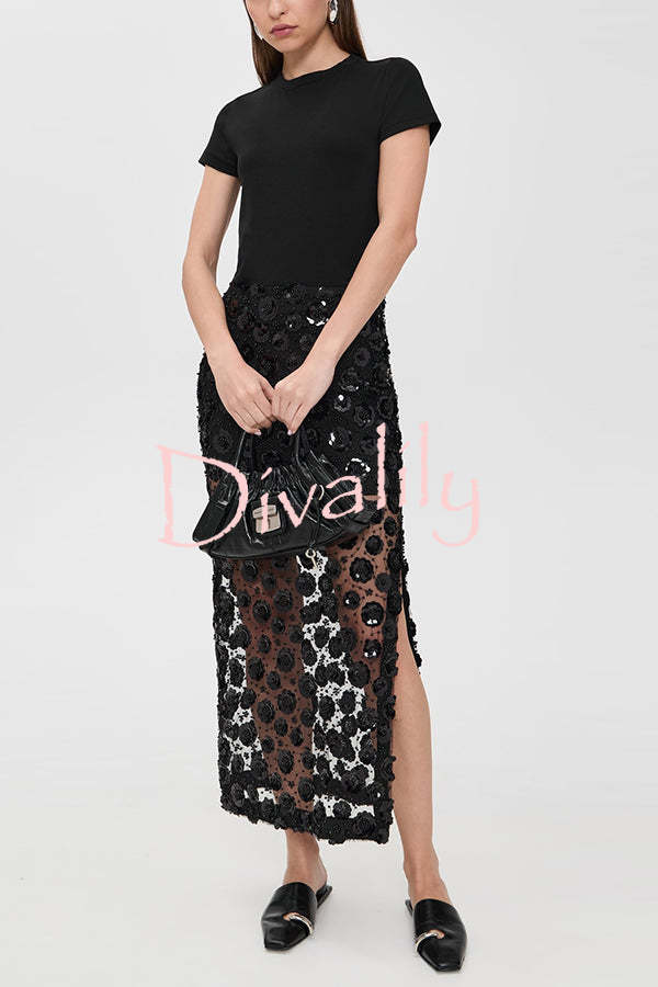 Gorgeous Flower Embellished Sequin Sheer High Rise Slit Midi Skirt