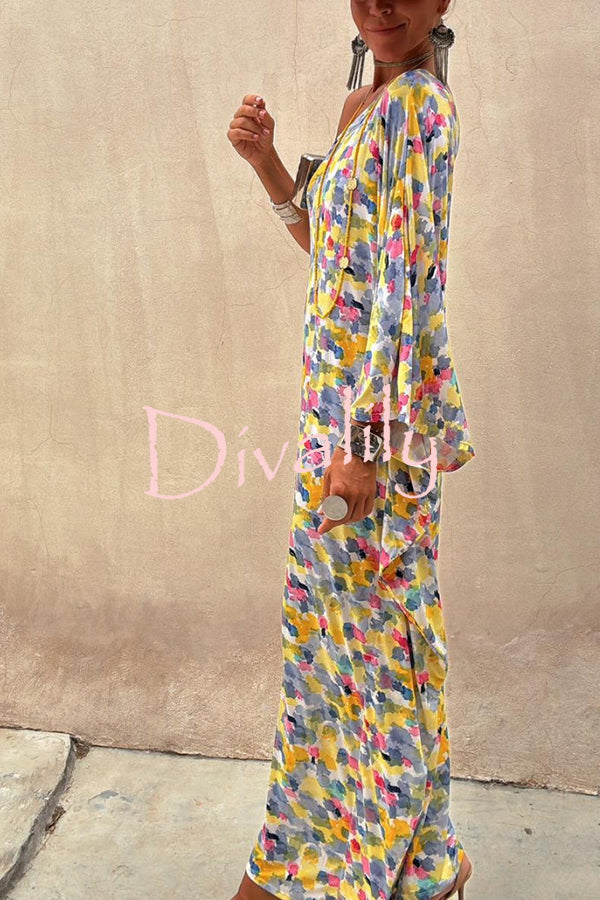 Indio Watercolor Print One Shoulder Drape Sleeve Maxi Dress