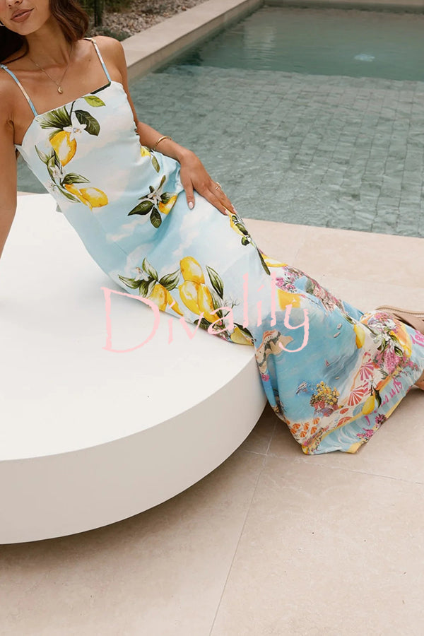 Summer Lemon Print Elegant Suspender Back Lace Up Maxi Dress