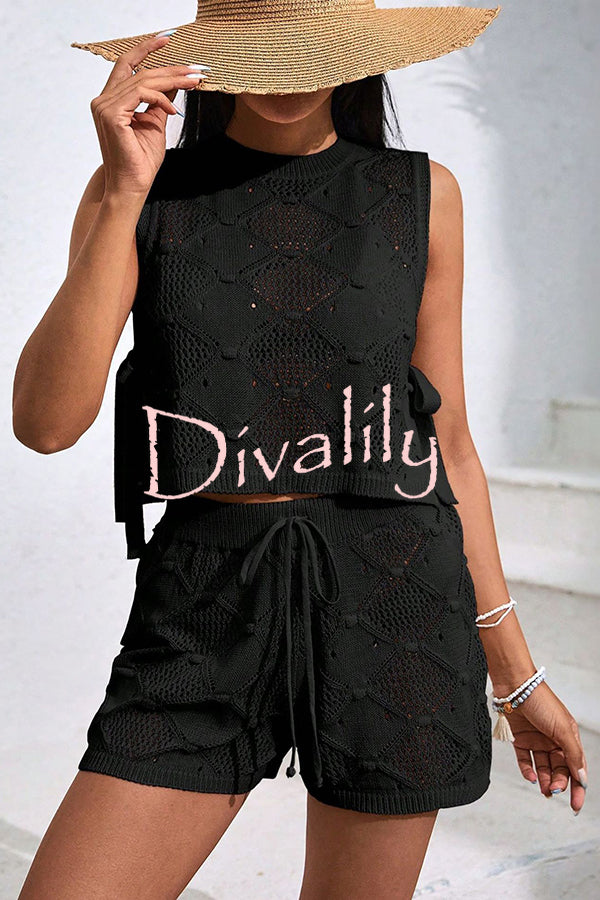 Solid Color Sleeveless Tie Knitted Vest and Loose Elastic Waist Drawstring Shorts Set